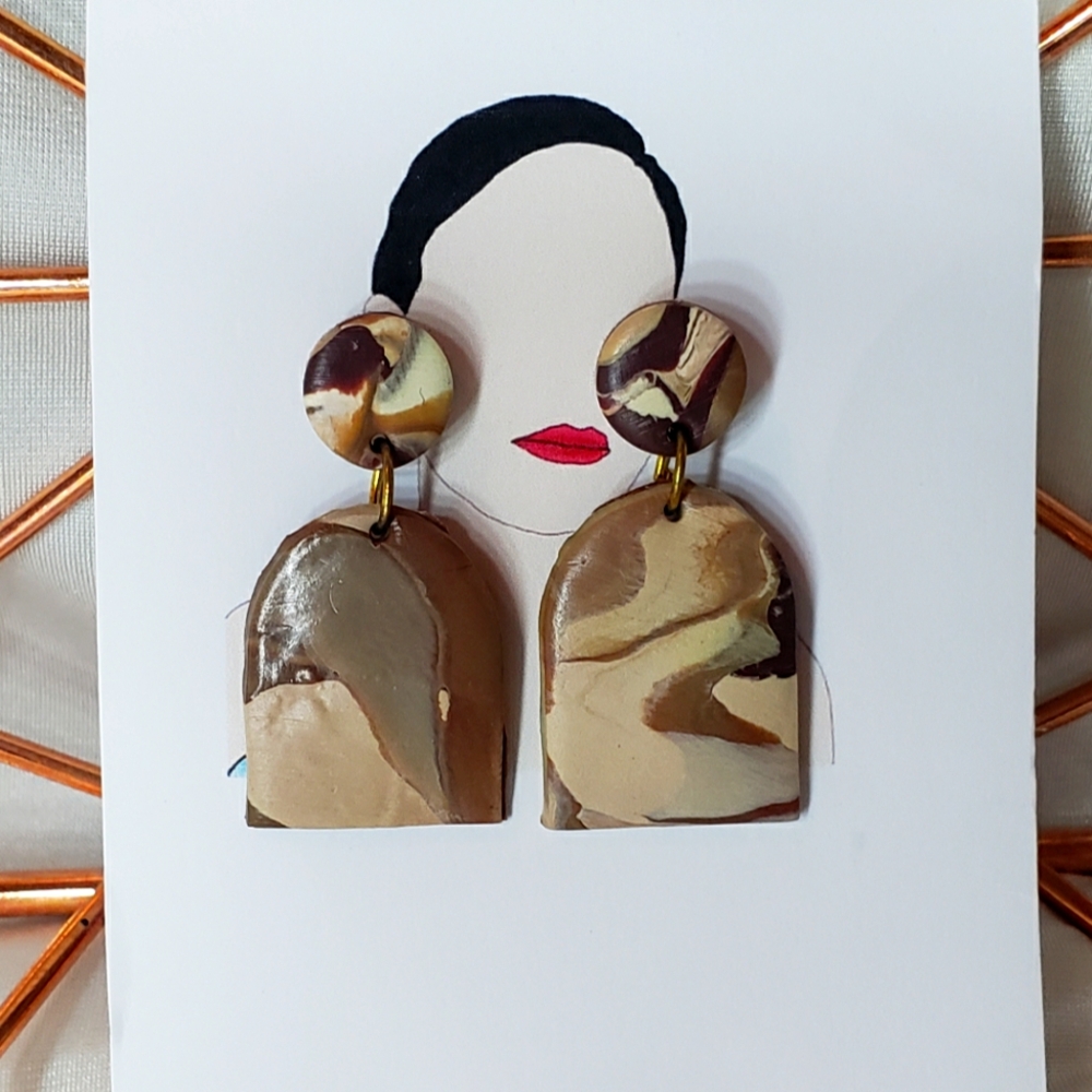 Handmade Polymer Clay Earrings – Earthy Marble Dangle, Boho, Unique